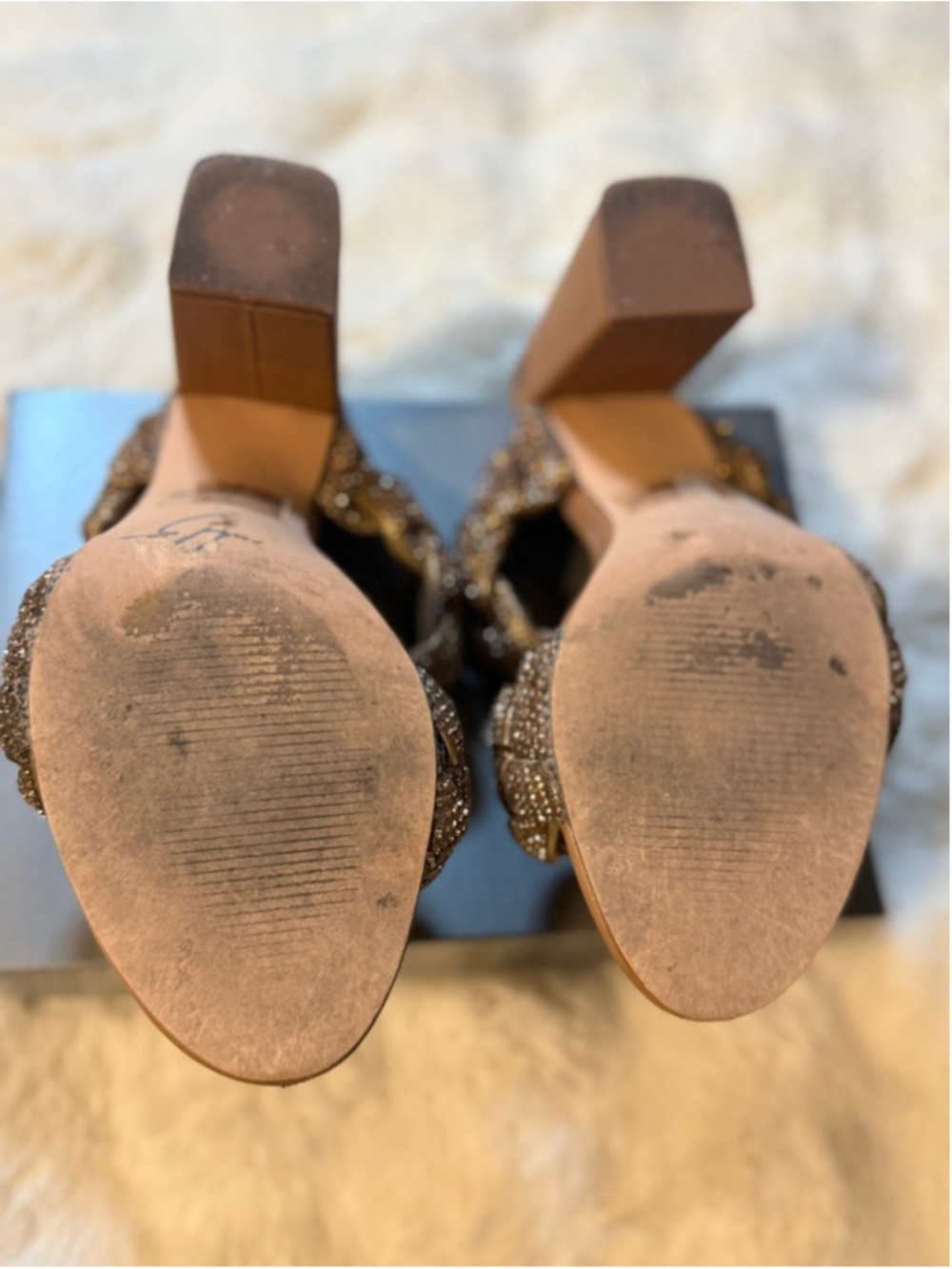 Preowned,Steve Madden Kenley rhinestone braided block heel sandals, bronzesize 9 - Picture 5 of 5